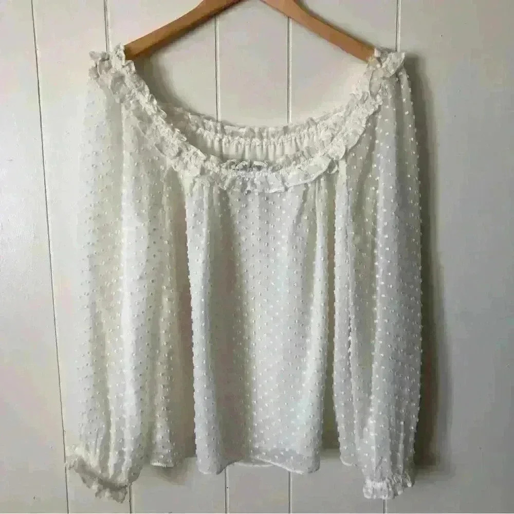 J.Crew Ivory Off the shoulder Clip dot Silk / Cotton Blend Top Blouse Size S